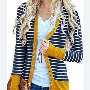 Stylish Navy and Mustard Striped Cardigan NWOT